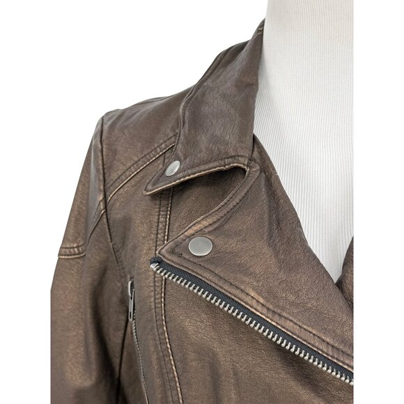 Y2K Free People Bronze Vegan Leather Asymmetrical Zip Moto Jacket | Streetwear - Picture 3 of 16